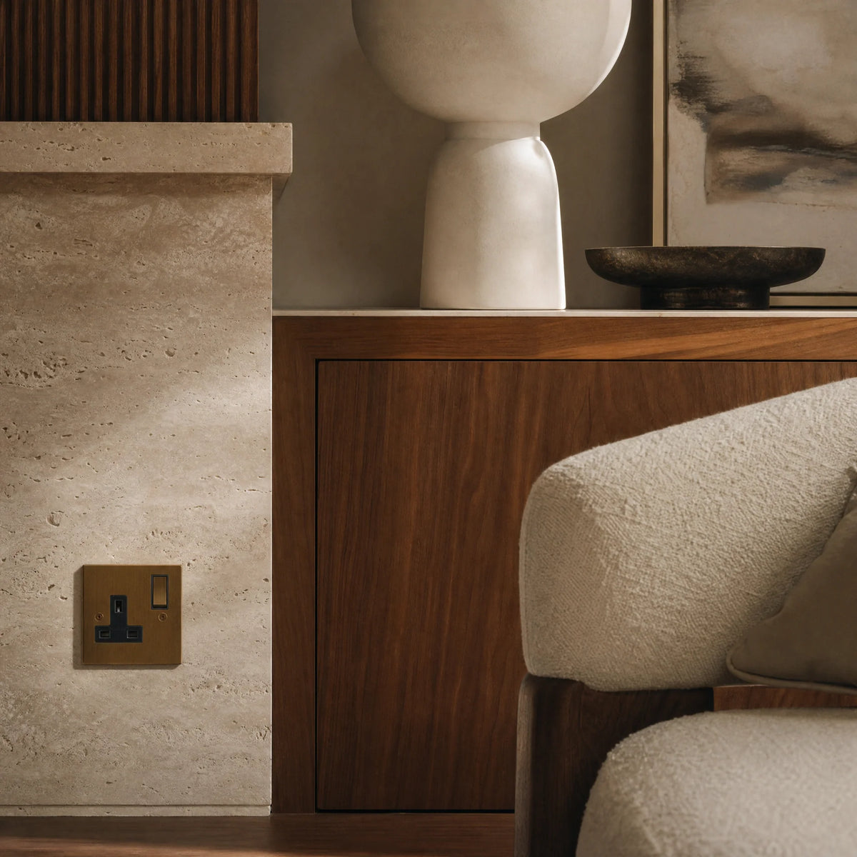 VORELLI® Ambassador Square Single Socket, shown beside bedroom or living-room joinery in an interior visualisation.
