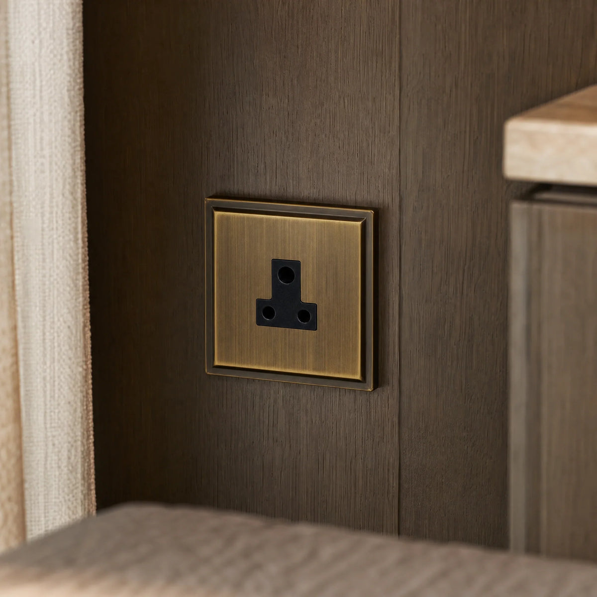 VORELLI® Belgravia 5A Socket, close view beside bedroom or living-room joinery in an interior visualisation.