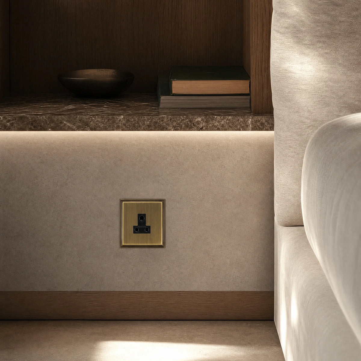 VORELLI® Belgravia 5A Socket, shown beside bedroom or living-room joinery in an interior visualisation.