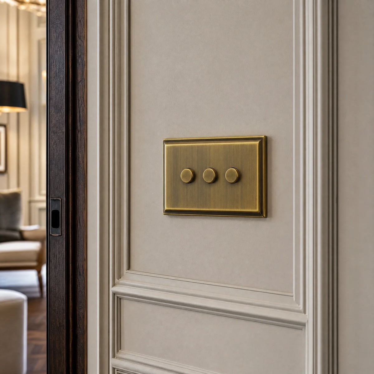 VORELLI® Belgravia Dimmer Switch, close view on an interior wall in an interior visualisation.