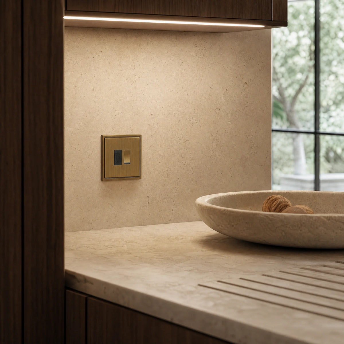 VORELLI® Belgravia Fuse Spur, shown above a kitchen worktop in an interior visualisation.