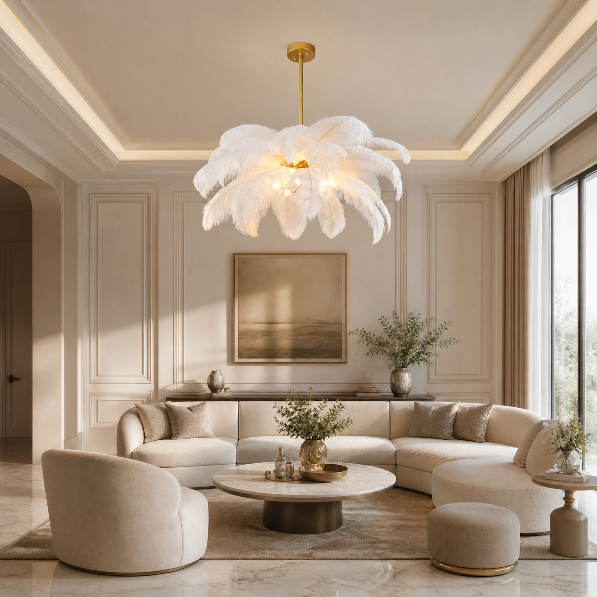 VORELLI® Feather Pendant, shown as a pendant light above a living area in an interior visualisation.