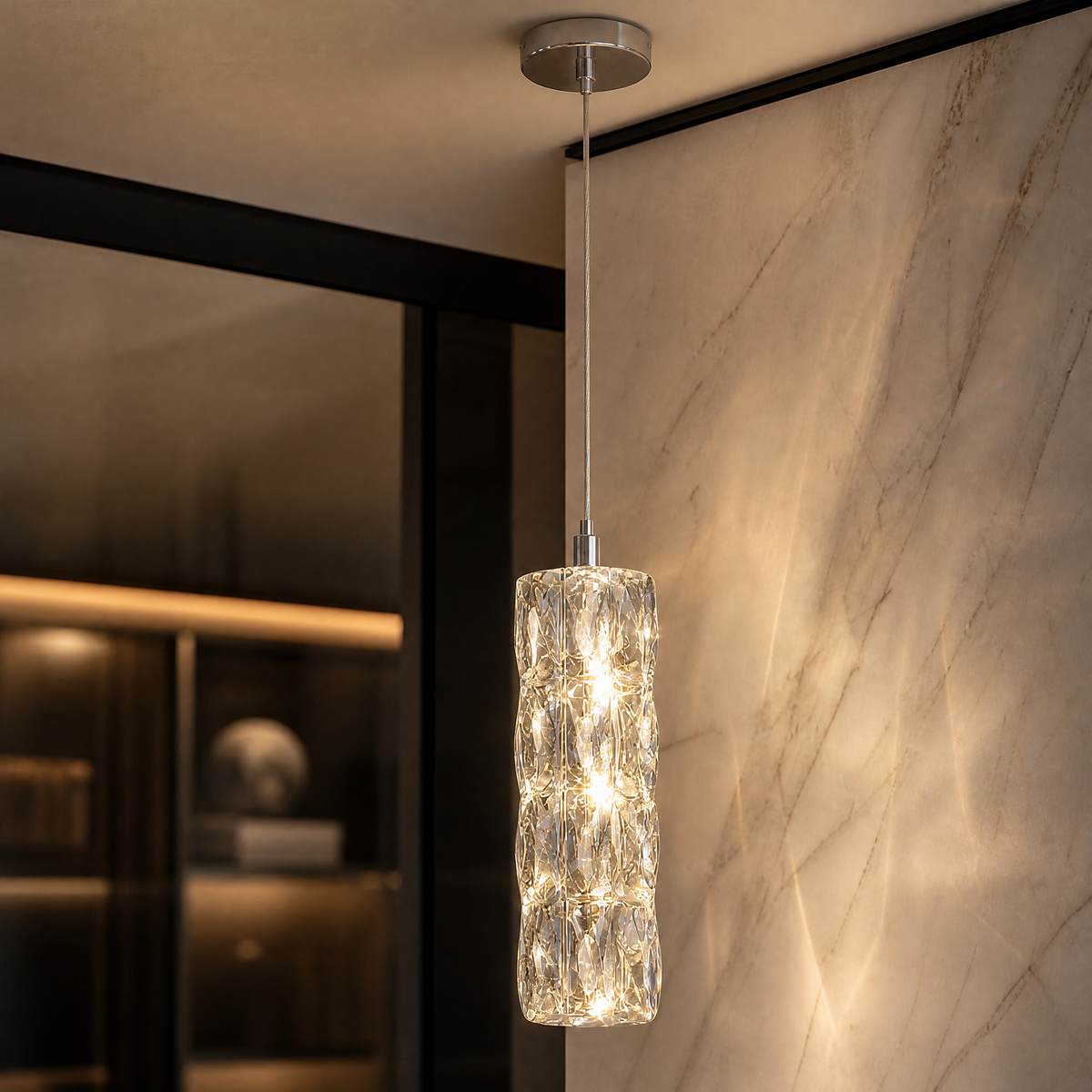 VORELLI® Gaia Pendant, textured cylindrical glass shade detail.