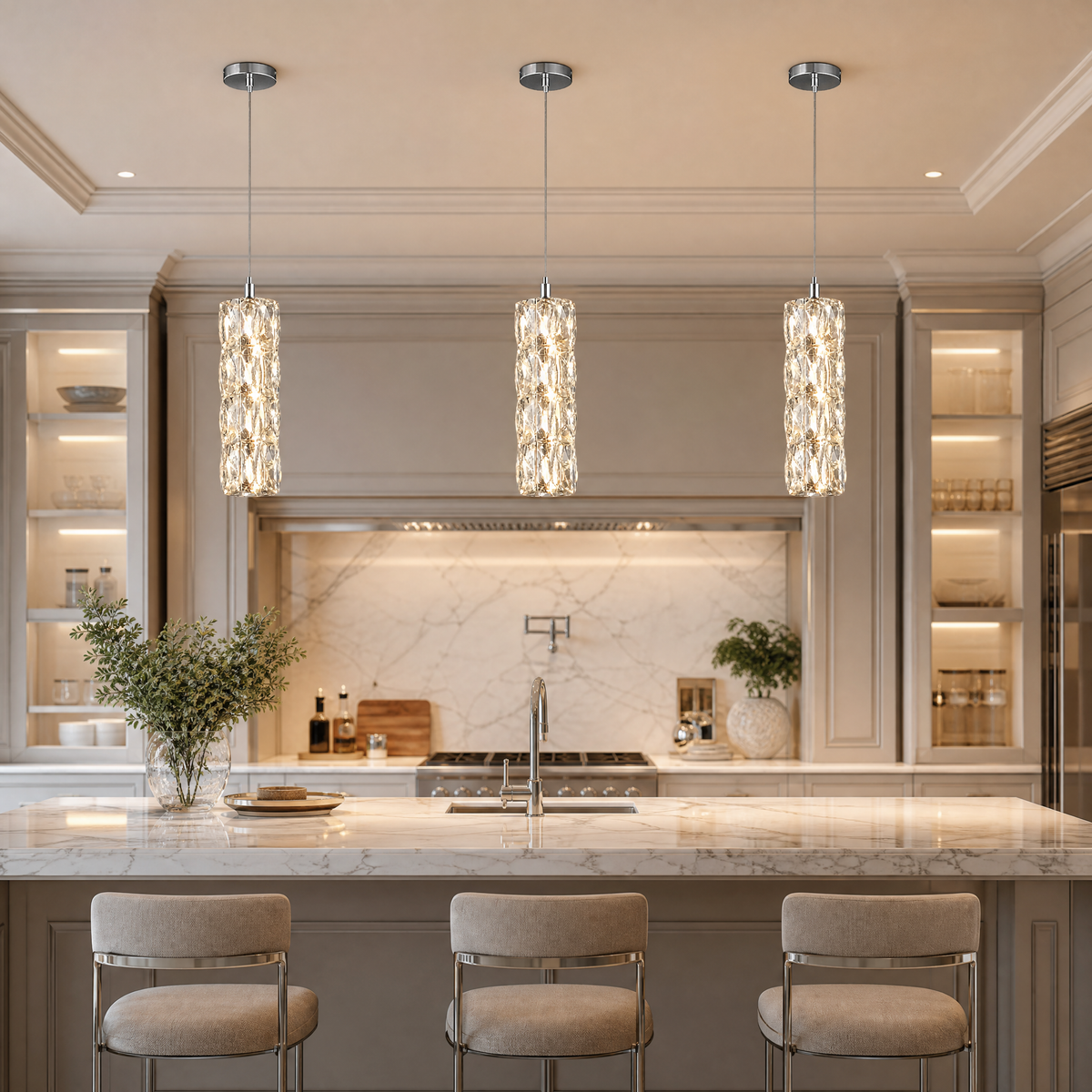 VORELLI® Gaia Pendant, shown as three pendants above a kitchen island in an interior visualisation.