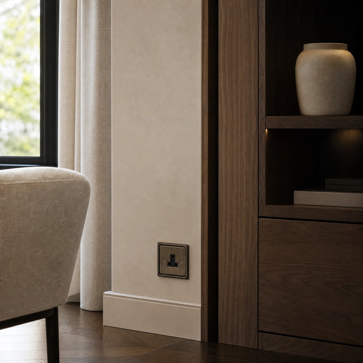 VORELLI® Georgian 5A Socket, shown beside bedroom or living-room joinery in an interior visualisation.