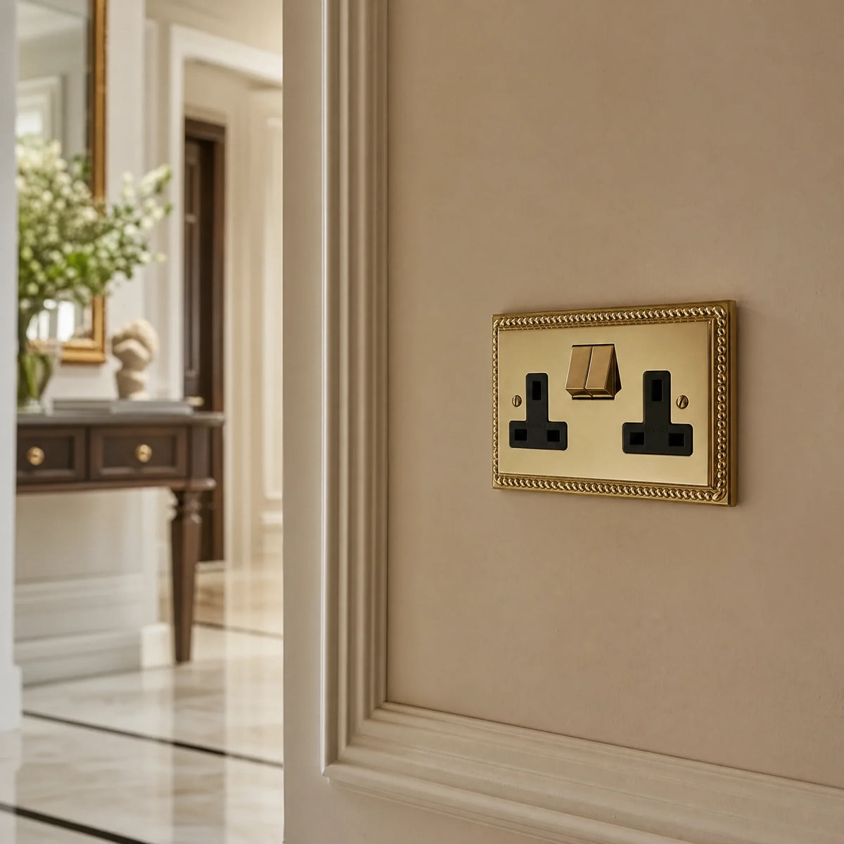 VORELLI® Georgian double socket, close view on an interior wall in an interior visualisation.