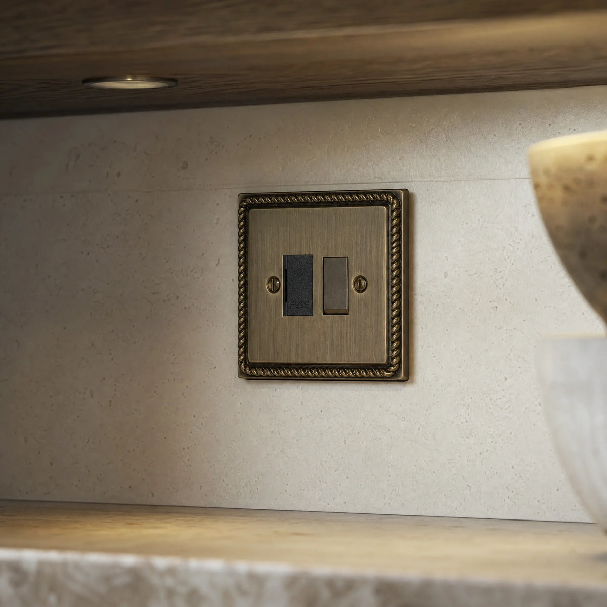 VORELLI® Georgian Fuse Spur, close view above a kitchen worktop in an interior visualisation.