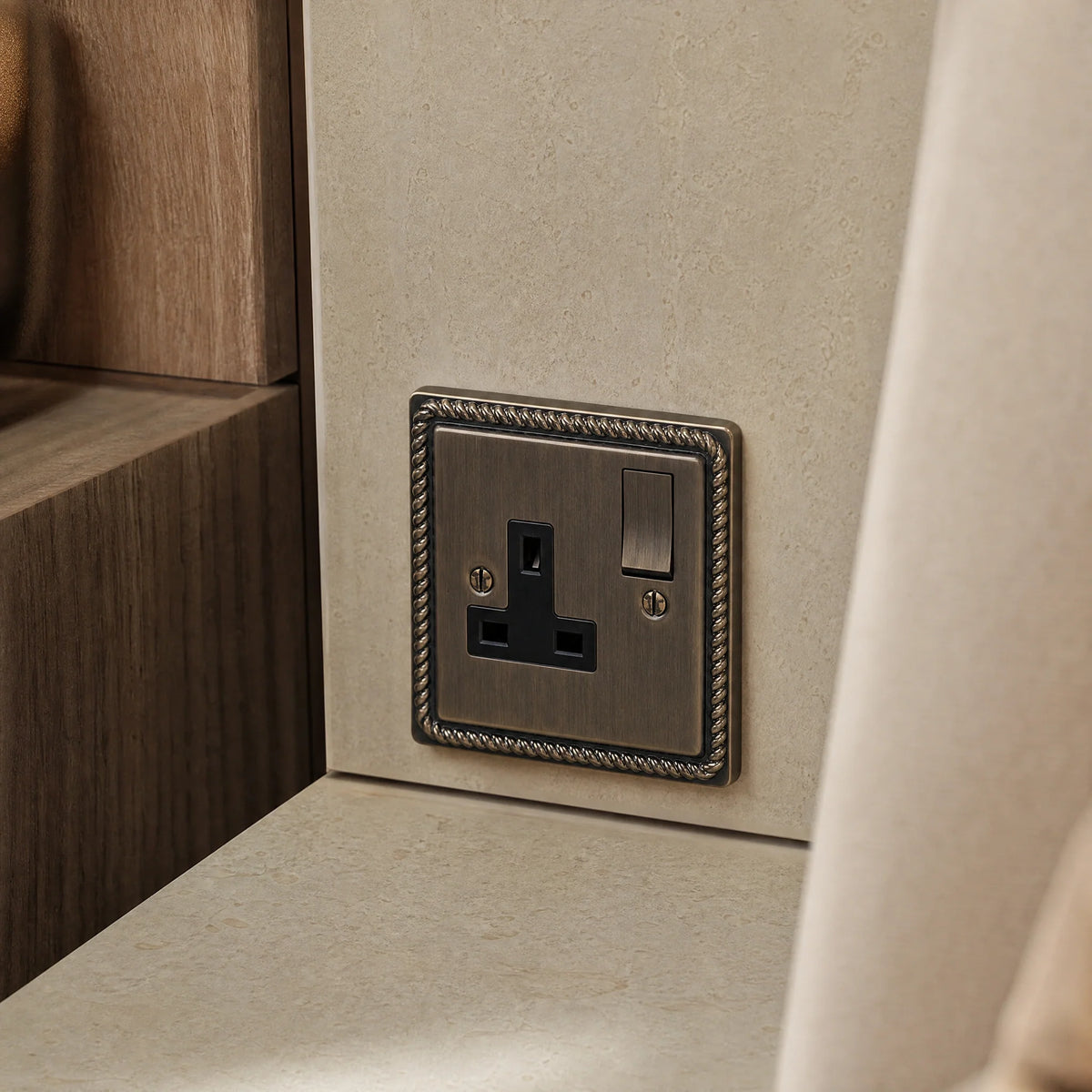 VORELLI® Georgian Single Socket, close view beside bedroom or living-room joinery in an interior visualisation.
