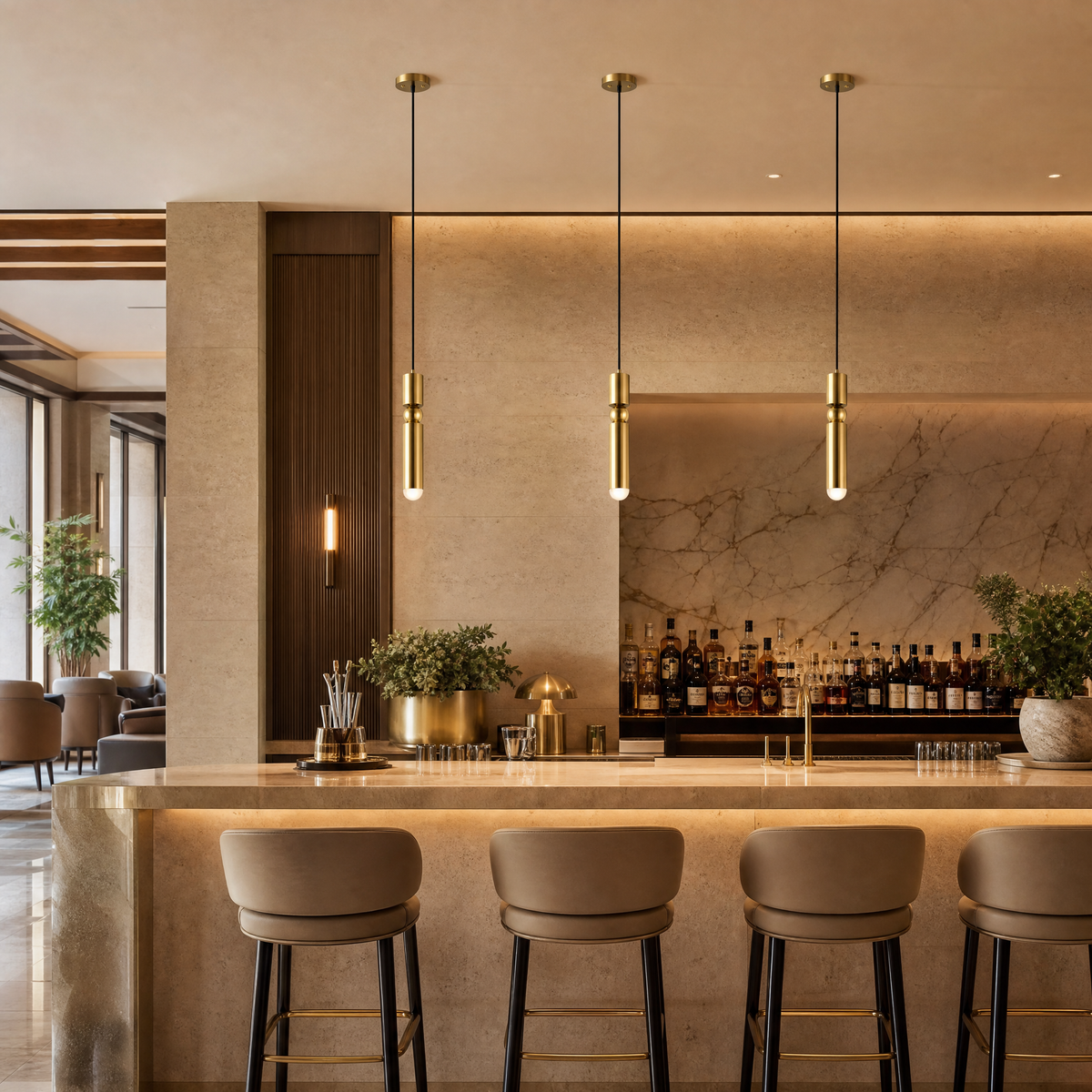 VORELLI® Gombe Pendant, shown as three pendants above a bar in an interior visualisation.