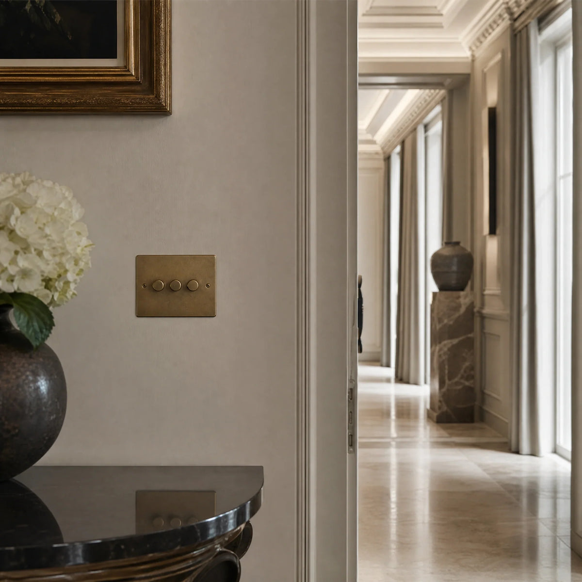 VORELLI® Horizon Classic Dimmer Switch, shown on an interior wall in an interior visualisation.