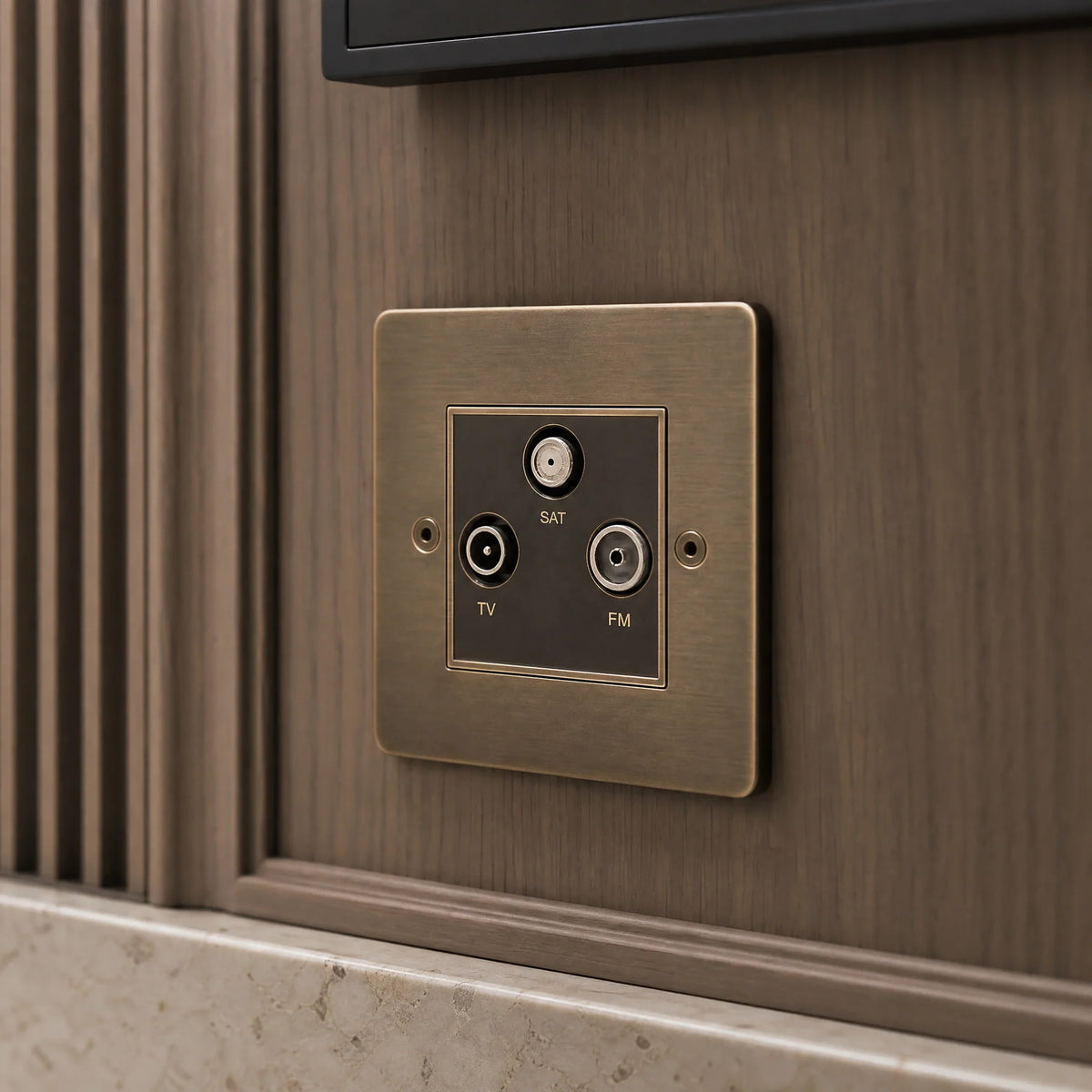 VORELLI® Horizon Classic Media Outlet, close view on a wall beside joinery in an interior visualisation.