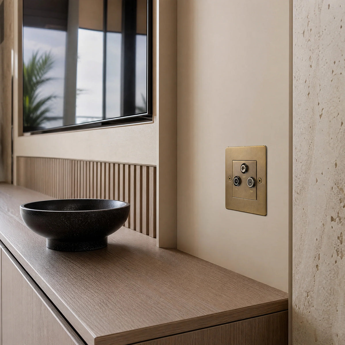 VORELLI® Horizon Classic Media Outlet, shown on a wall beside joinery in an interior visualisation.