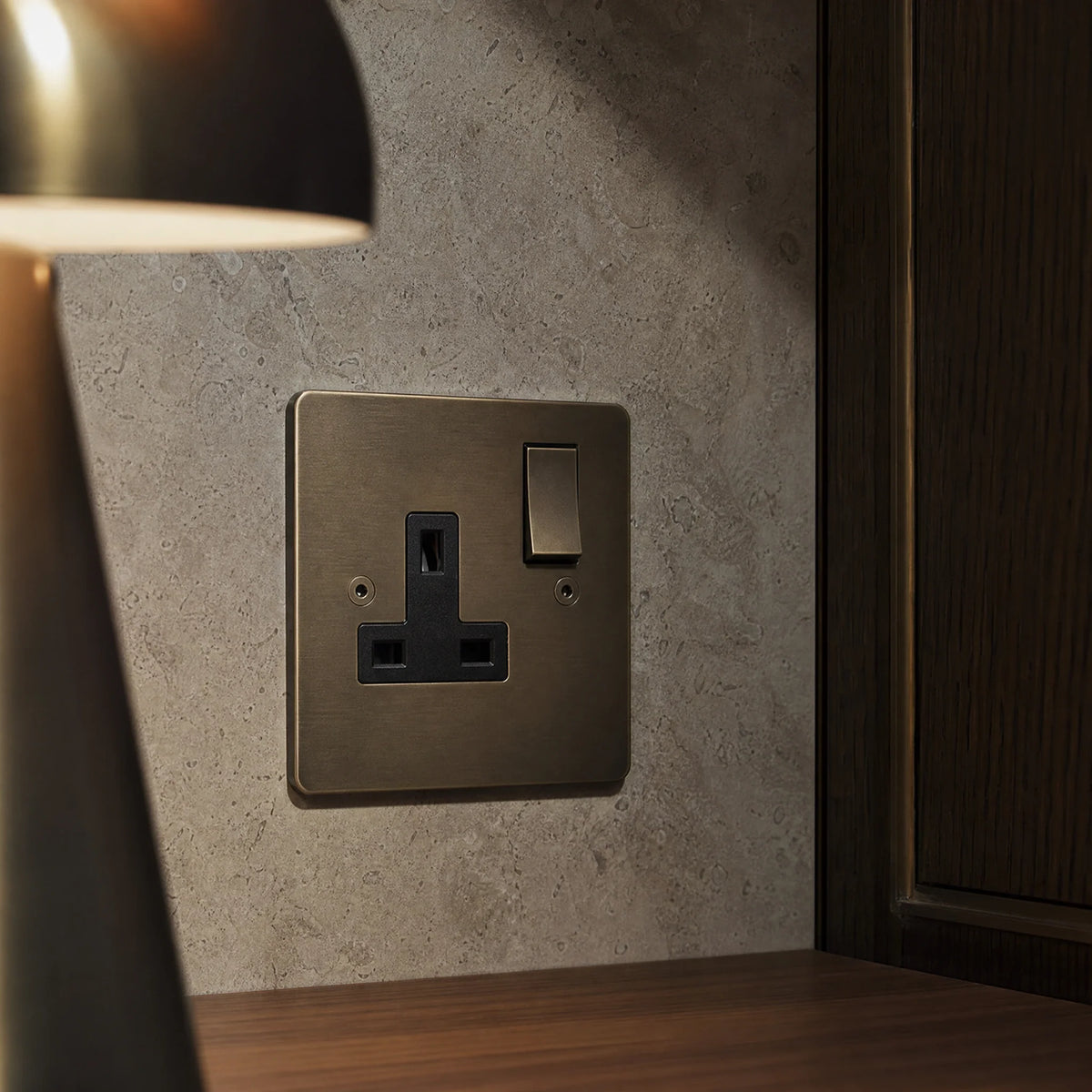 VORELLI® Horizon Classic Single Socket, close view beside bedroom or living-room joinery in an interior visualisation.