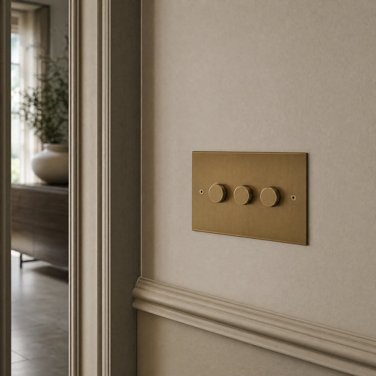 VORELLI® Horizon Square Dimmer Switch, close view on an interior wall in an interior visualisation.