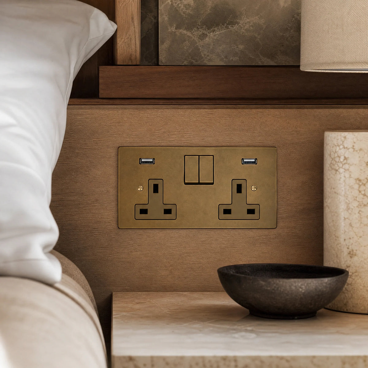 VORELLI® Horizon Square Double Socket + USB, close view beside bedroom or living-room joinery in an interior visualisation.