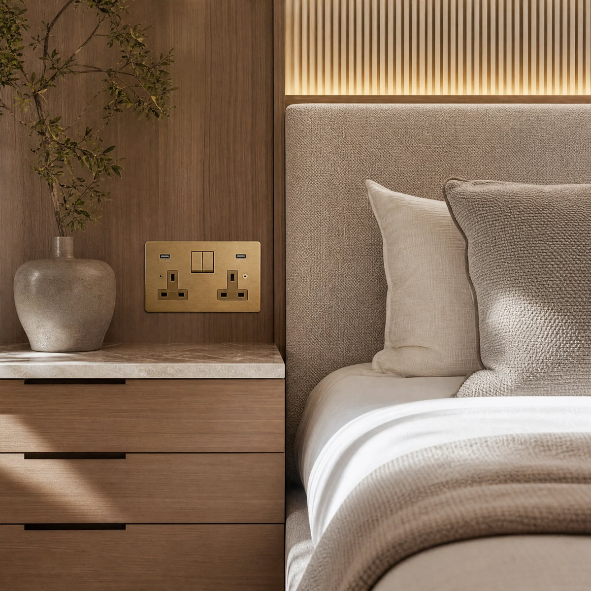 VORELLI® Horizon Square Double Socket + USB, shown beside bedroom or living-room joinery in an interior visualisation.