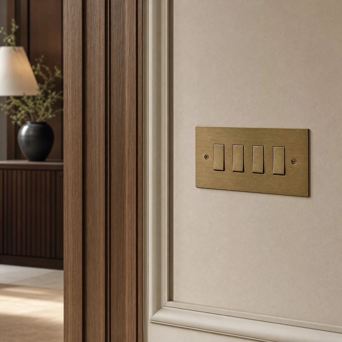 VORELLI® Horizon Square Rocker Switch, close view on an interior wall in an interior visualisation.
