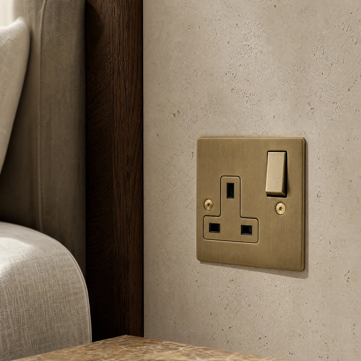 VORELLI® Horizon Square Single Socket, close view beside bedroom or living-room joinery in an interior visualisation.