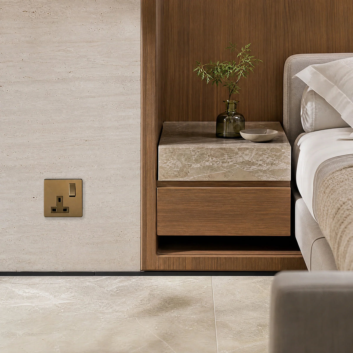 VORELLI® Horizon Square Single Socket, shown beside bedroom or living-room joinery in an interior visualisation.