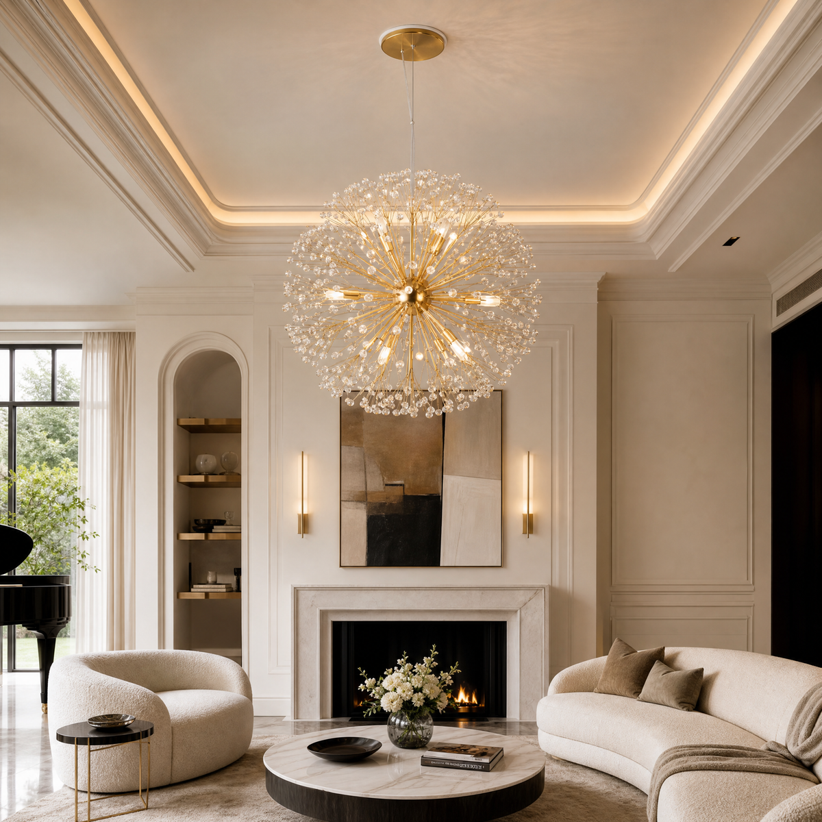 VORELLI® Kadupul Pendant, shown as a pendant light in a living room in an interior visualisation.