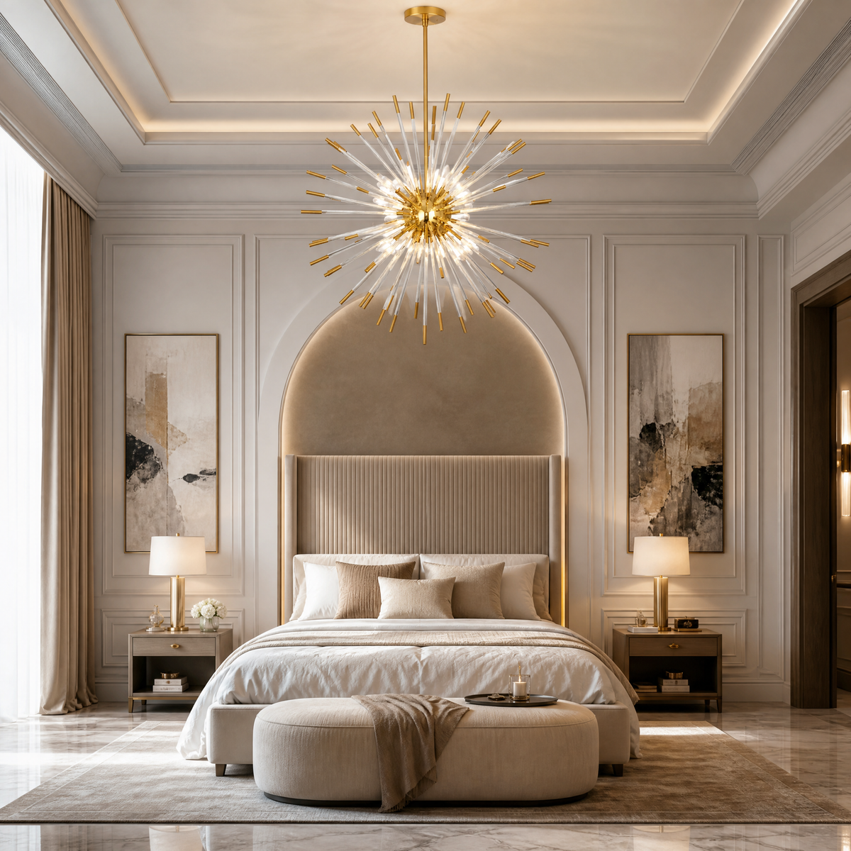 VORELLI® Livadia Pendant, shown as a pendant light above a bed in an interior visualisation.