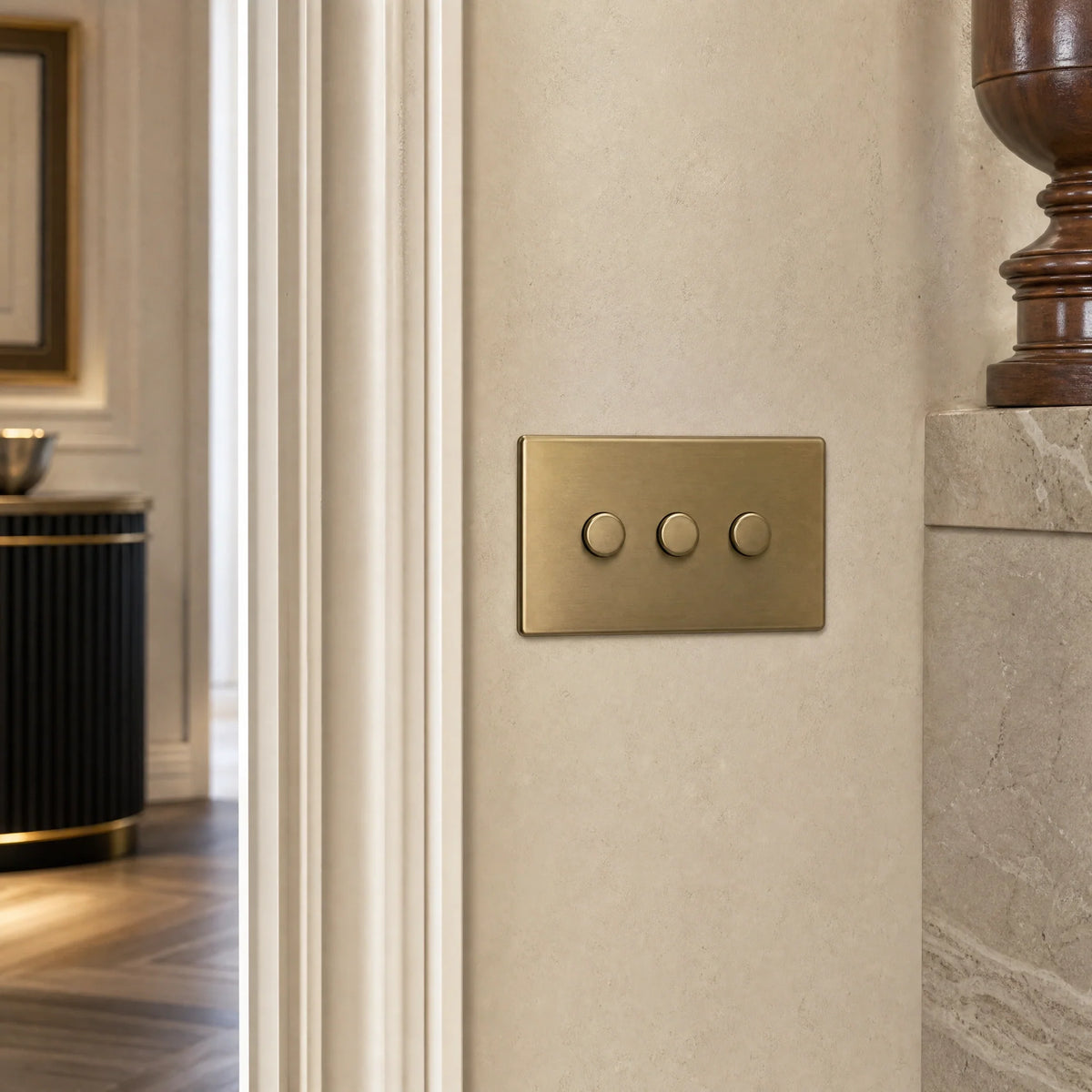 VORELLI® Morpheus Dimmer Switch, close view on an interior wall in an interior visualisation.