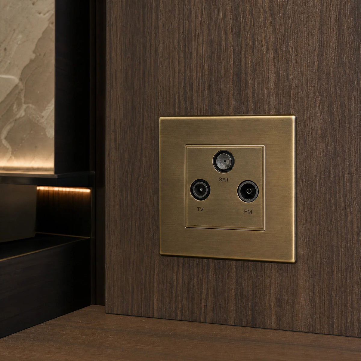 VORELLI® Morpheus Media Outlet, close view on a wall beside joinery in an interior visualisation.
