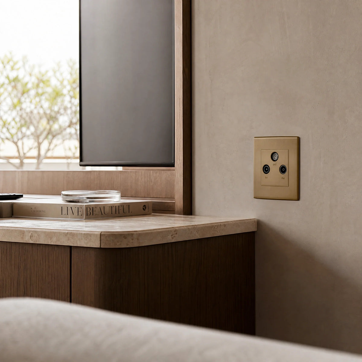 VORELLI® Morpheus Media Outlet, shown on a wall beside joinery in an interior visualisation.