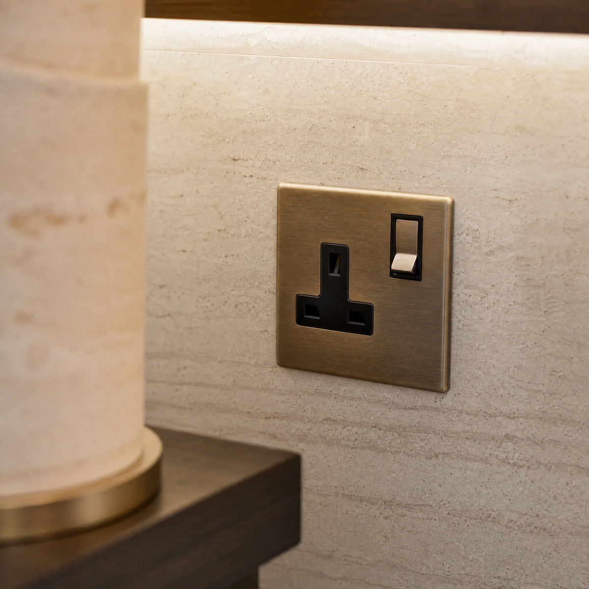 VORELLI® Morpheus Single Socket, close view beside bedroom or living-room joinery in an interior visualisation.