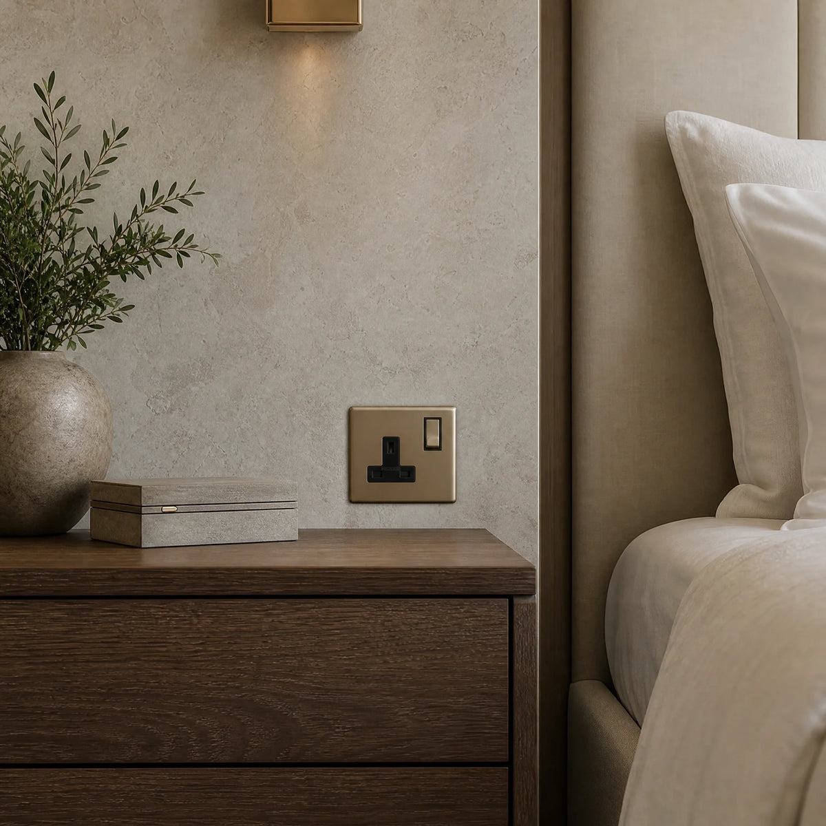 VORELLI® Morpheus Single Socket, shown beside bedroom or living-room joinery in an interior visualisation.