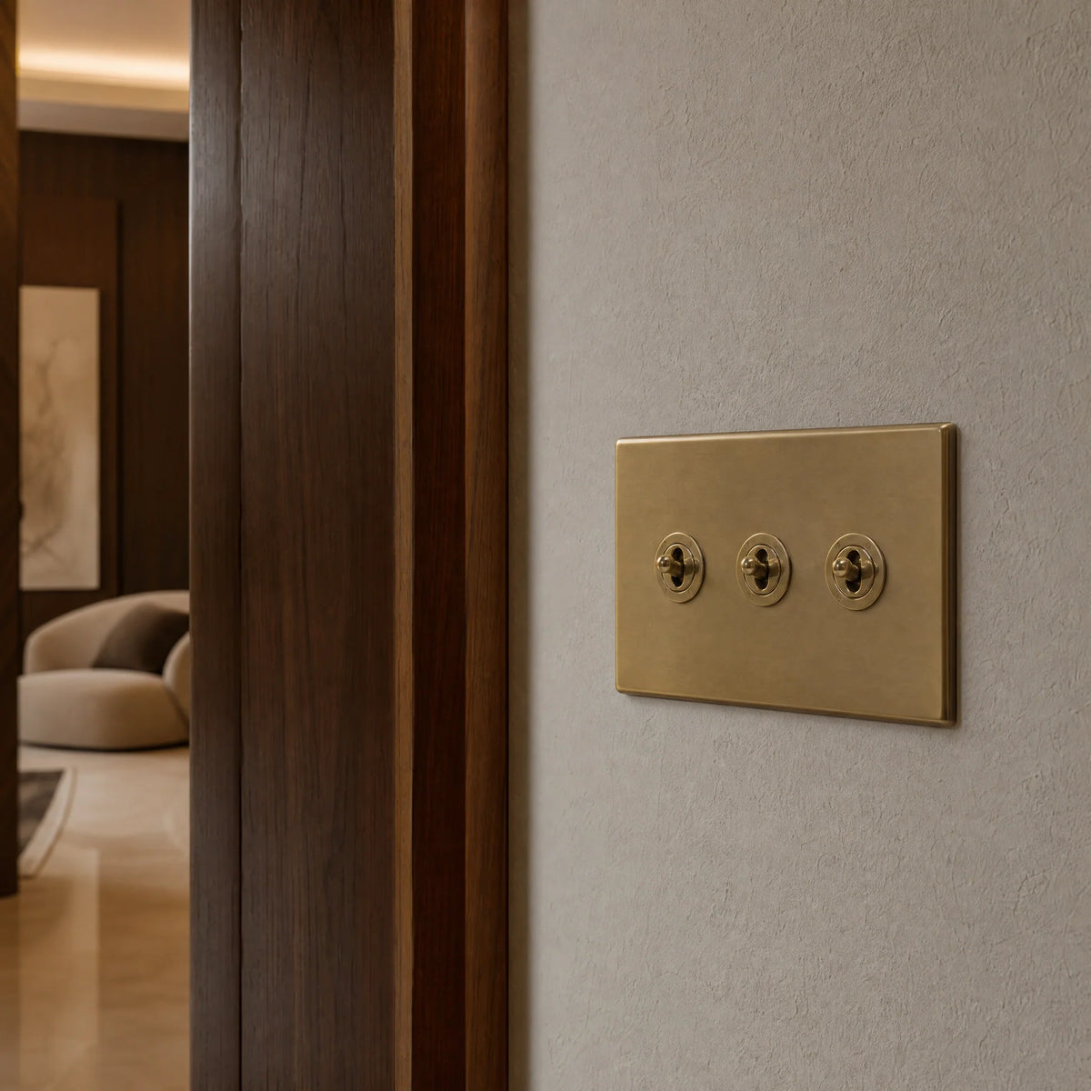 VORELLI® Morpheus Toggle Switch, close view on an interior wall in an interior visualisation.