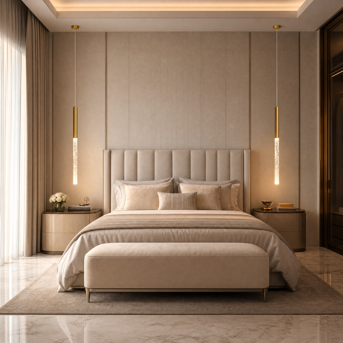 VORELLI® Nyon Pendant, shown as pendant lights beside a bed in an interior visualisation.