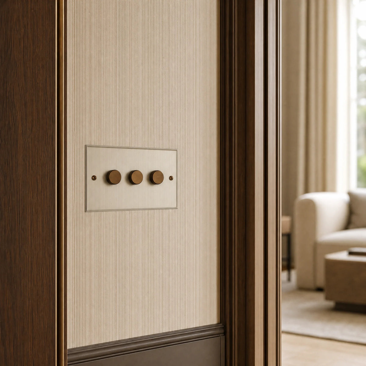 VORELLI® Prism Dimmer Switch, close view on an interior wall in an interior visualisation.