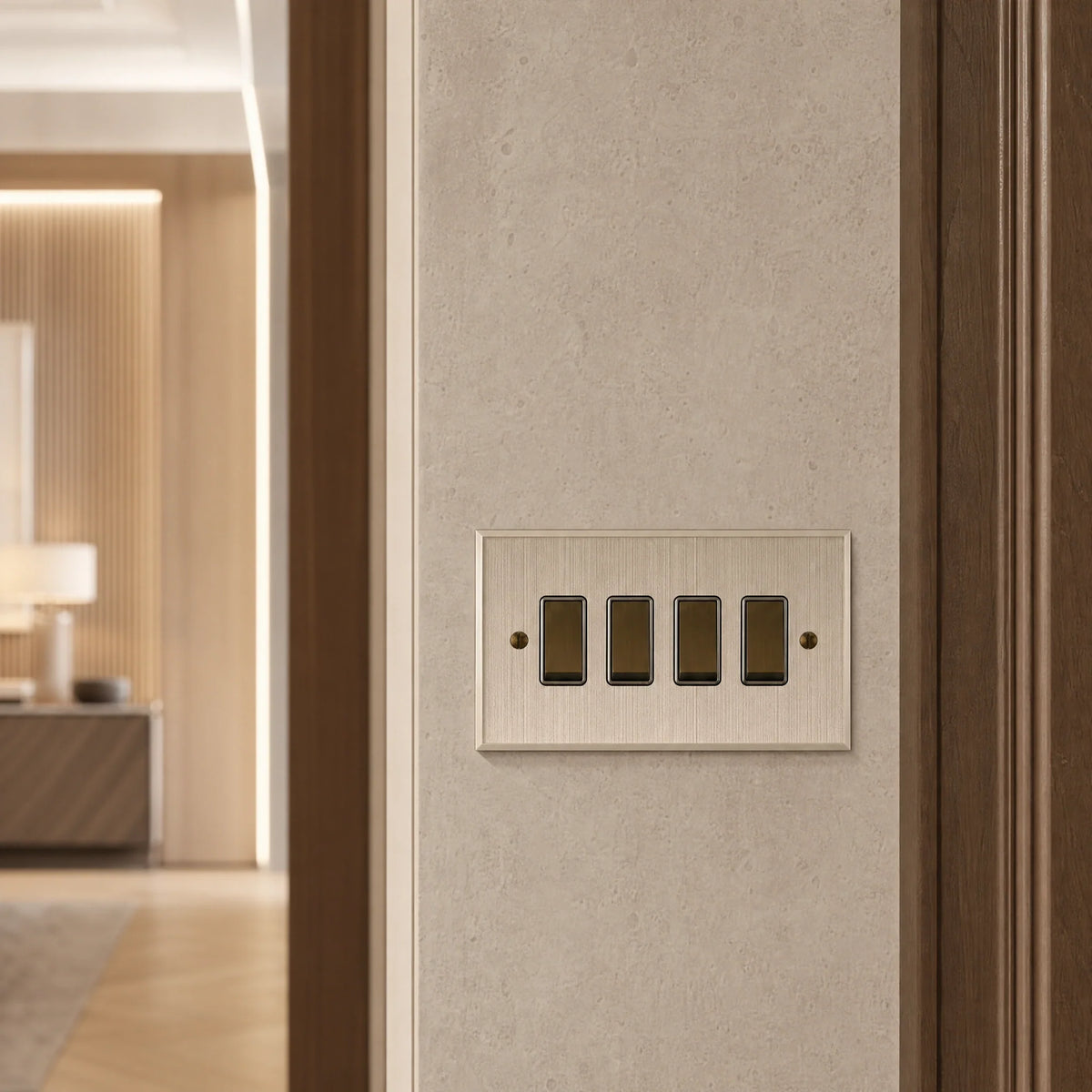 VORELLI® Prism Rocker Switch, close view on an interior wall in an interior visualisation.