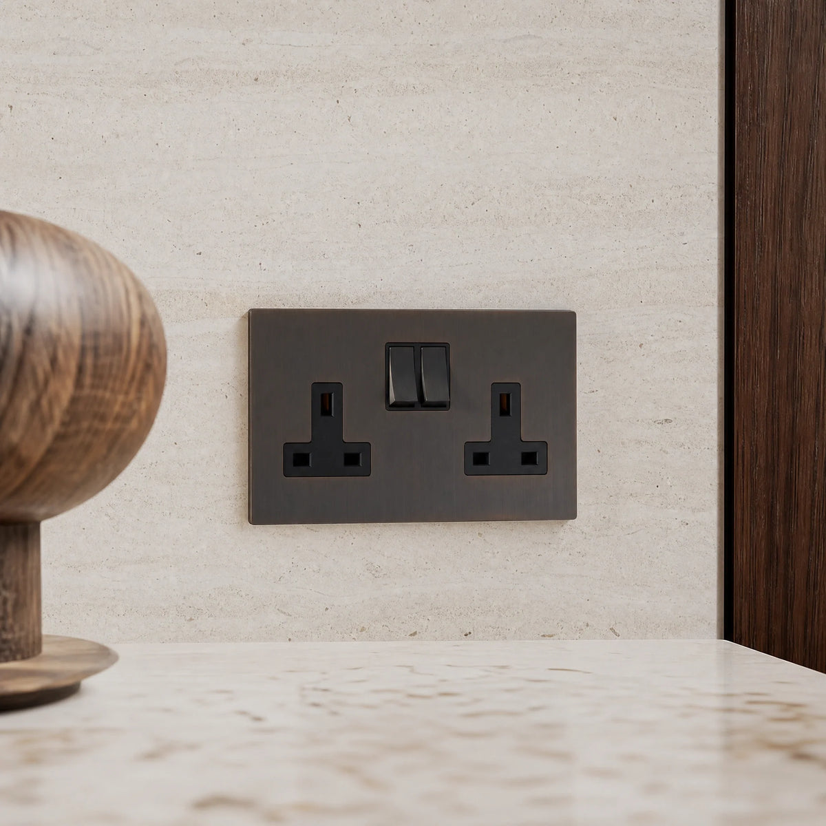 VORELLI® Renaissance Double Socket, close view beside bedroom or living-room joinery in an interior visualisation.