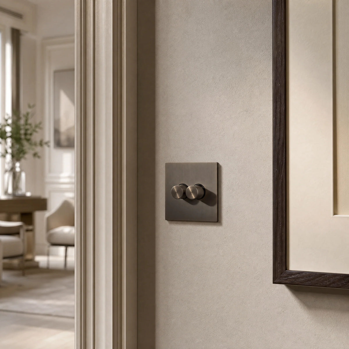 VORELLI® Renaissance Rotary Dimmer Switch, close view on an interior wall in an interior visualisation.