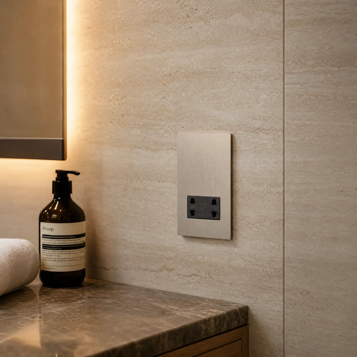 VORELLI® Renaissance Shaver Socket Outlet, close view beside bedroom or living-room joinery in an interior visualisation.