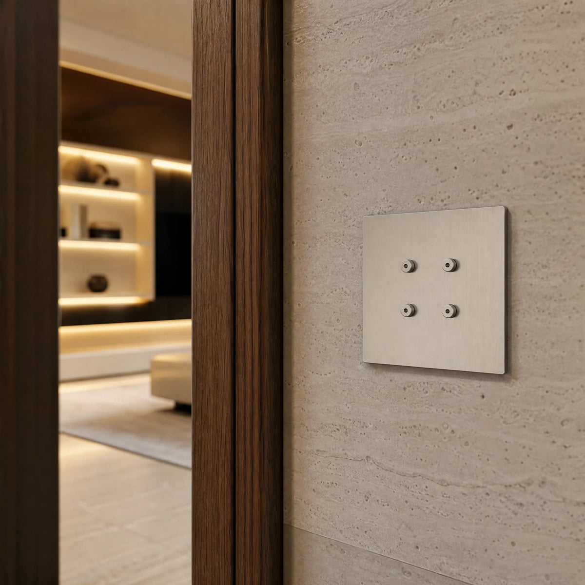 VORELLI® Renaissance Square Control Switch, close view on an interior wall in an interior visualisation.