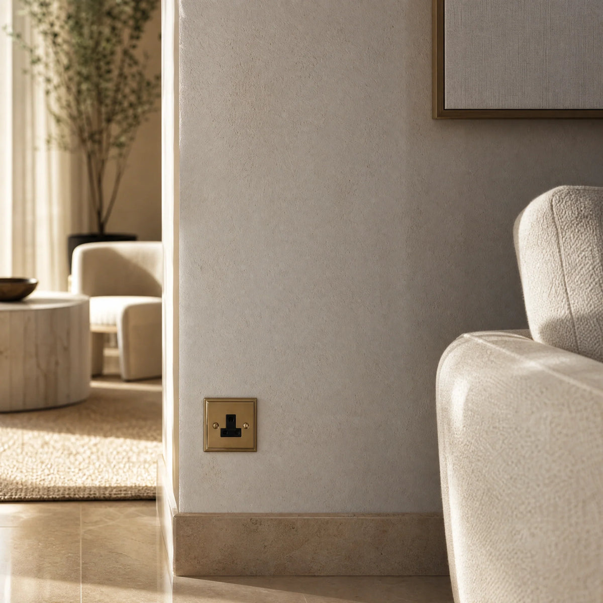 VORELLI® Sheraton 5A Socket, shown beside bedroom or living-room joinery in an interior visualisation.