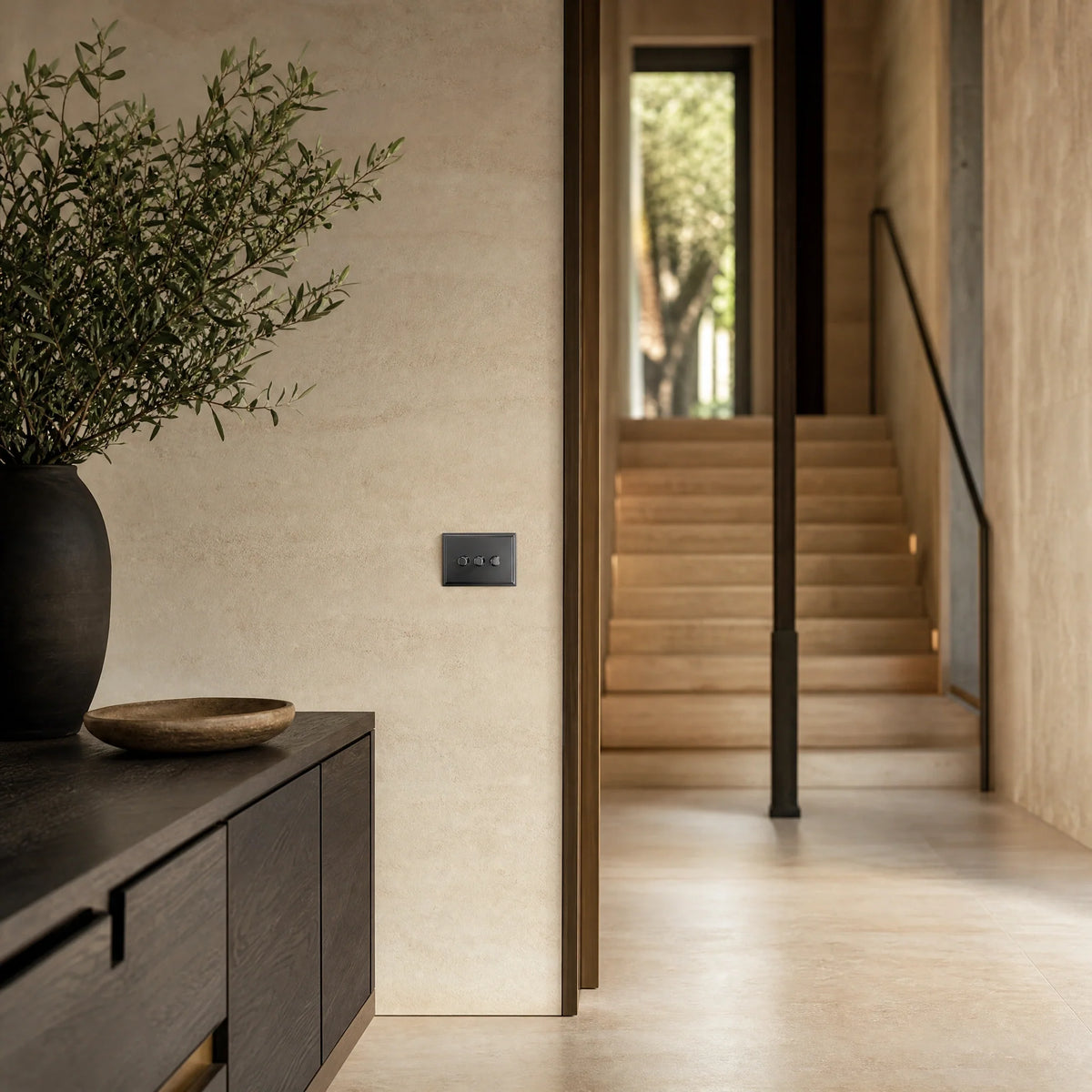 VORELLI® Sheraton three-gang dimmer switch, shown on an interior wall in an interior visualisation.