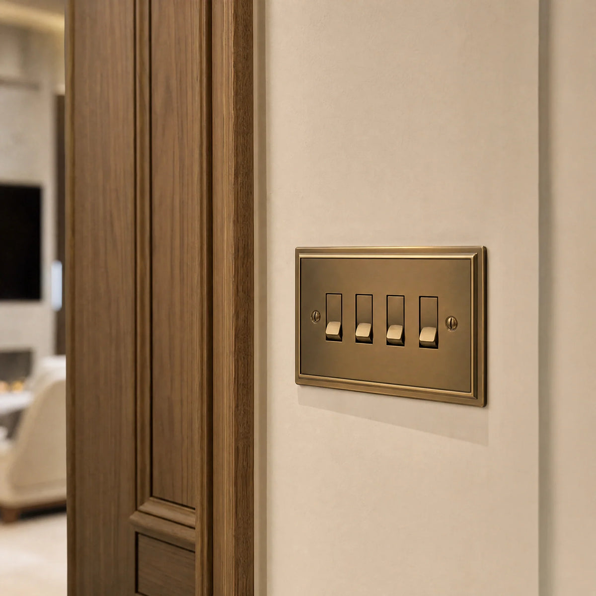 VORELLI® Sheraton Rocker Switch, close view on an interior wall in an interior visualisation.