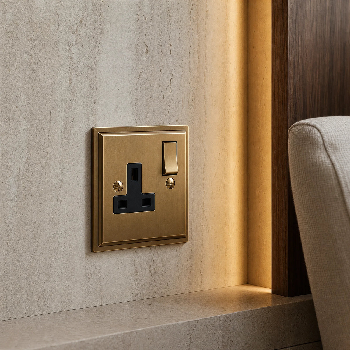 VORELLI® Sheraton Single Socket, close view beside bedroom or living-room joinery in an interior visualisation.