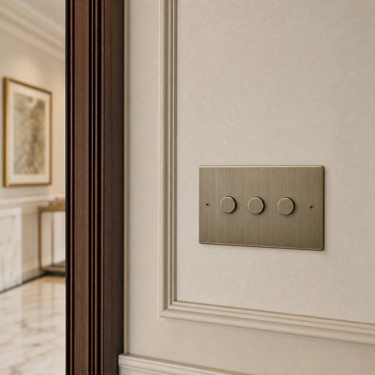 VORELLI® True Edge Dimmer Switch, close view on an interior wall in an interior visualisation.