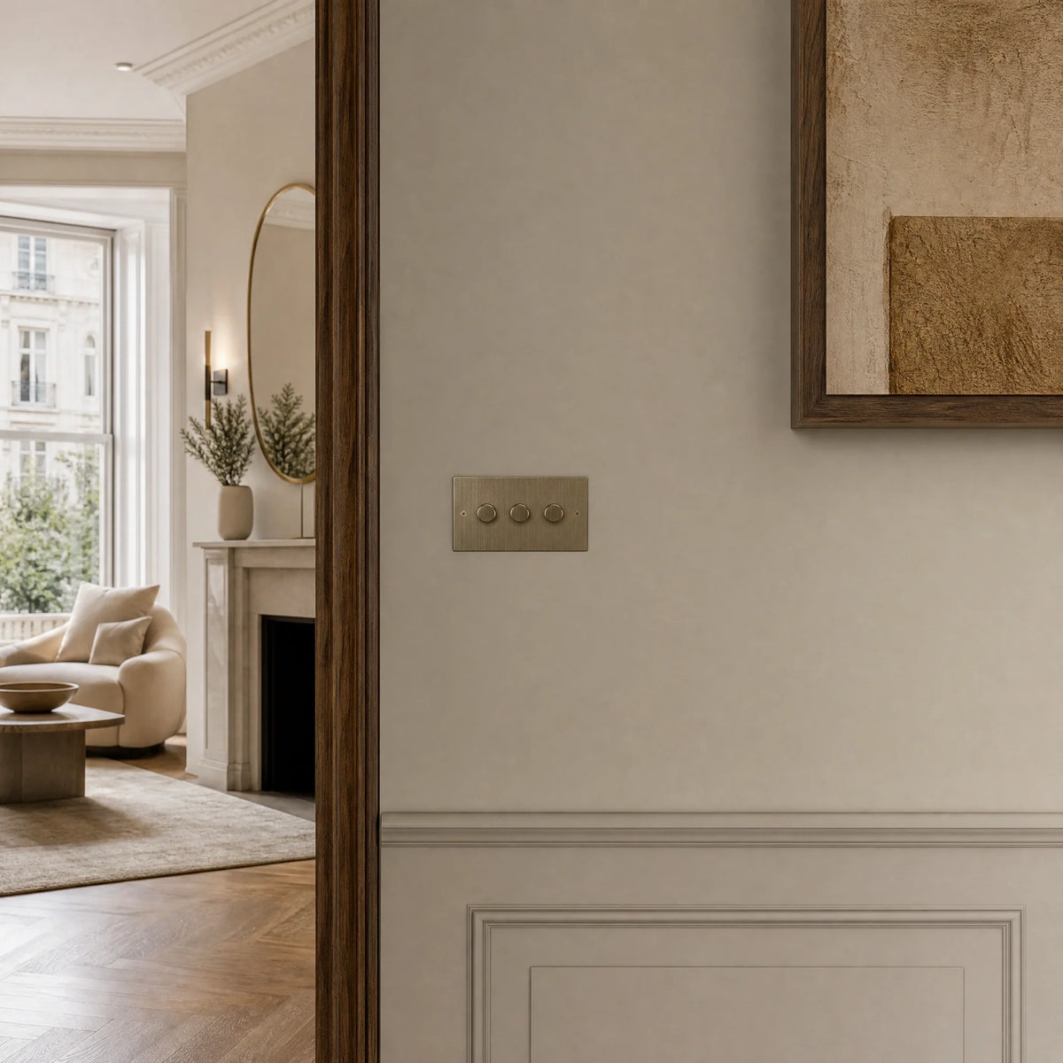 VORELLI® True Edge Dimmer Switch, shown on an interior wall in an interior visualisation.