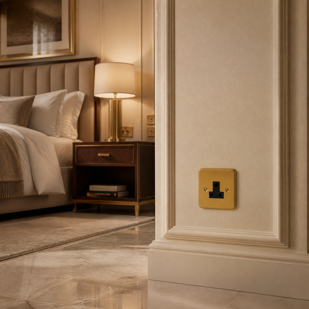 VORELLI® Victorian 5A Socket, close view beside bedroom or living-room joinery in an interior visualisation.
