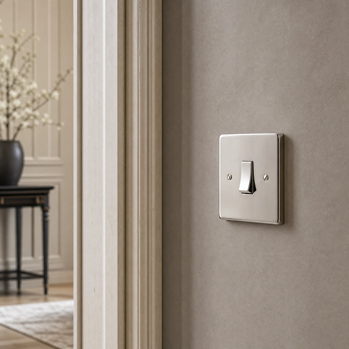 VORELLI® Victorian rocker switch, close view on an interior wall in an interior visualisation.