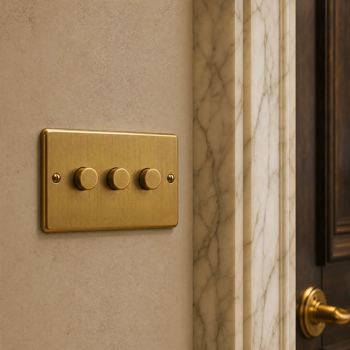 VORELLI® Victorian Dimmer Switch, close view on an interior wall in an interior visualisation.