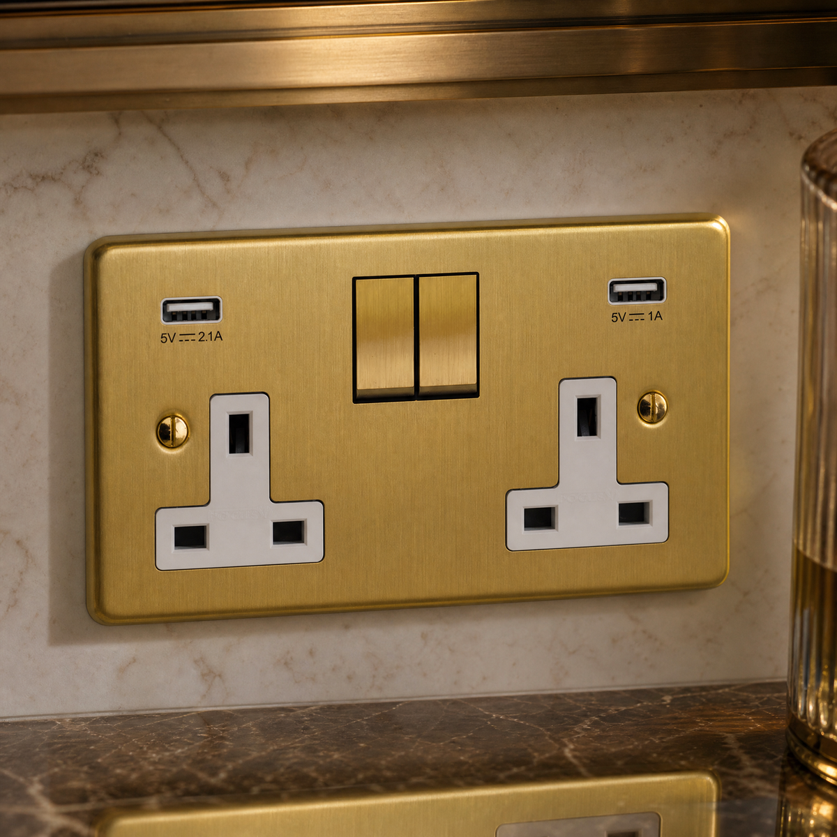 VORELLI® Victorian Double Socket, close view beside bedroom or living-room joinery in an interior visualisation.