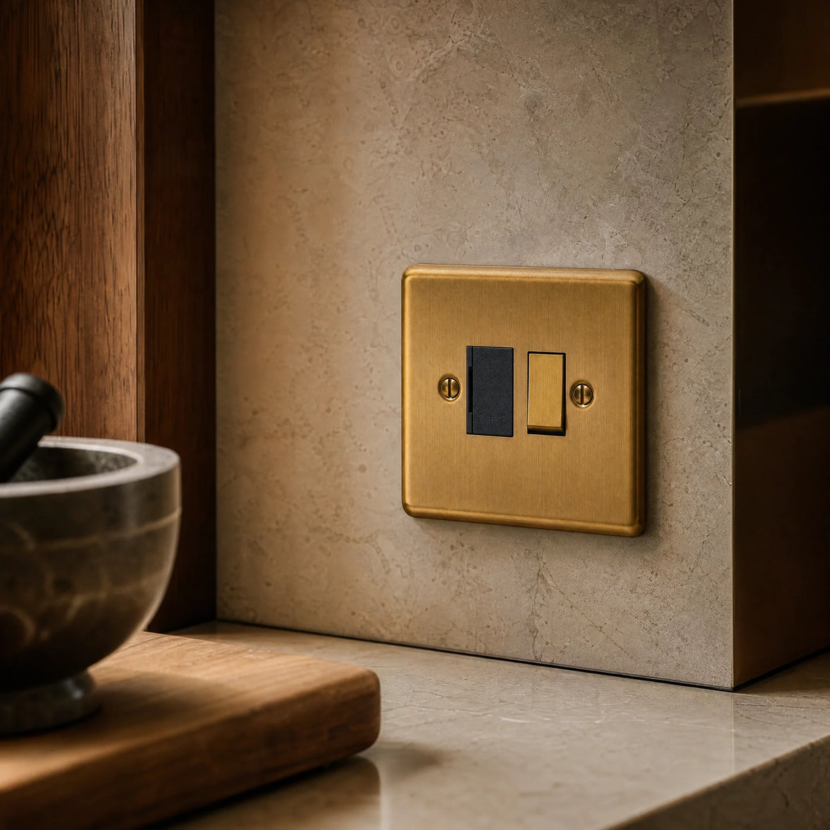 VORELLI® Victorian Fuse Spur, close view above a kitchen worktop in an interior visualisation.