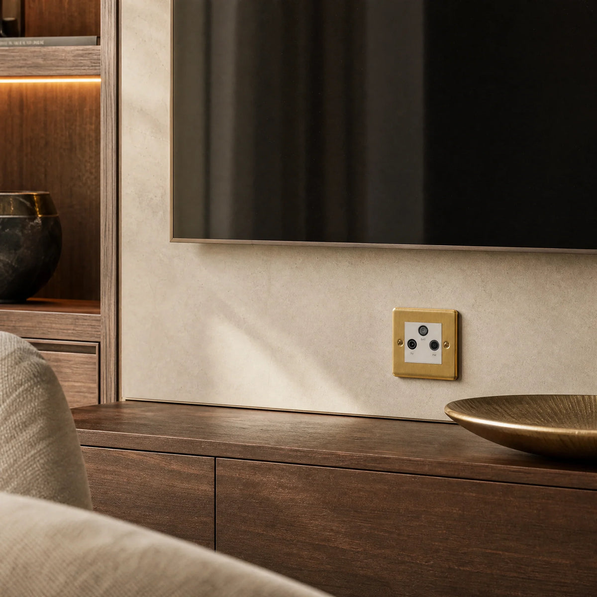 VORELLI® Victorian Media Outlet, shown on a wall beside joinery in an interior visualisation.